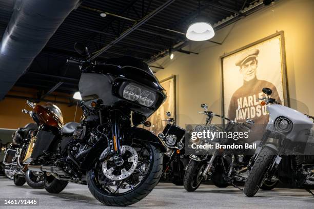 Harley-Davidson motorcycles are displayed for sale at the Cowboy Harley-Davidson dealership on February 02, 2023 in Austin, Texas. Harley-Davidson...