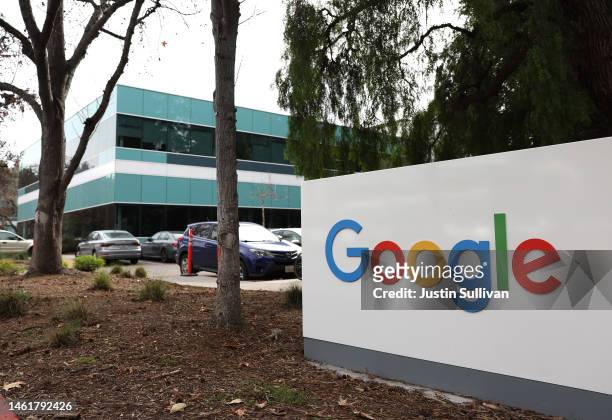 Sign is posted in front of an office at Google headquarters on February 02, 2023 in Mountain View, California. Google parent company Alphabet...