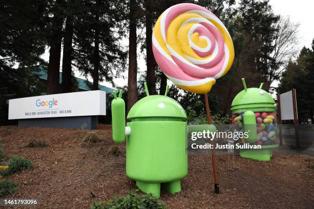 Android figures are displayed at Google headquarters on February 02, 2023 in Mountain View, California. Google parent company Alphabet reported...