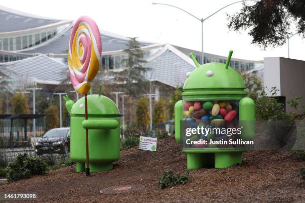 Android figures are displayed at Google headquarters on February 02, 2023 in Mountain View, California. Google parent company Alphabet reported...