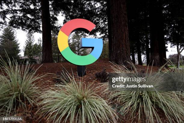 The Google logo is displayed at Google headquarters on February 02, 2023 in Mountain View, California. Google parent company Alphabet reported...