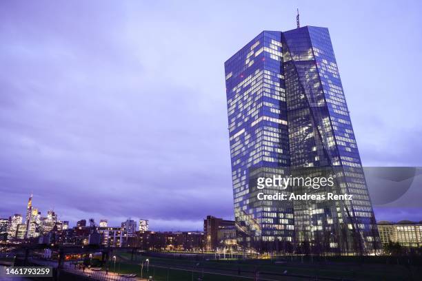The headquarters of the European Central Bank stands at twilight on February 2, 2023 in Frankfurt, Germany. Earlier in the day, Christine Lagarde,...