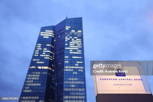 The headquarters of the European Central Bank stands at twilight on February 2, 2023 in Frankfurt, Germany. Earlier in the day, Christine Lagarde,...