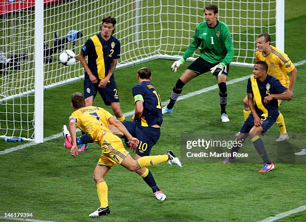 Andriy Shevchenko of Ukraine scores their second goal during the UEFA EURO 2012 group D match between Ukraine and Sweden at The Olympic Stadium on...
