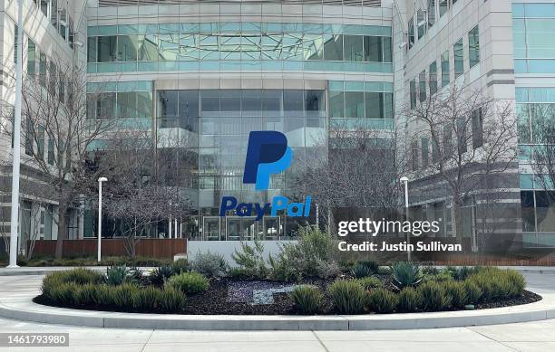 Sign is posted in front of PayPal headquarters on February 02, 2023 in San Jose, California. PayPal has announced plans to lay off 2,000 employees,...