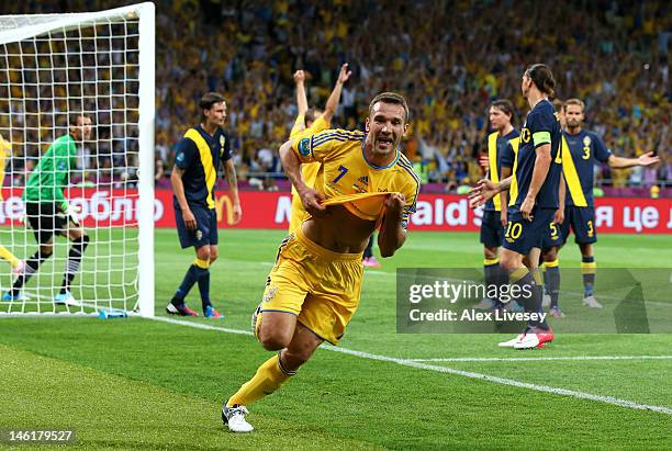 Andriy Shevchenko of Ukraine celebrates scoring their second goal during the UEFA EURO 2012 group D match between Ukraine and Sweden at The Olympic...