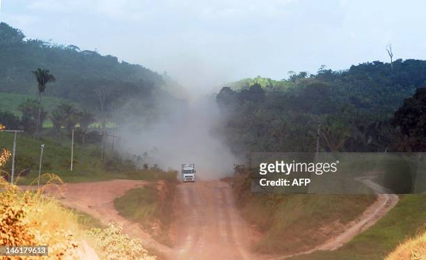 Truck rides along the Trans-Amazonian Highway near Anapu, in the northern Brazilian state of Para, on June 1, 2012. The 5,300 km long Trans-Amazonian...