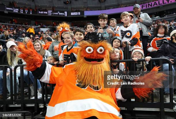 Gritty the mascot of the Philadelphia Flyers entertains the crowd during an NHL game against the Los Angeles Kings at the Wells Fargo Center on...