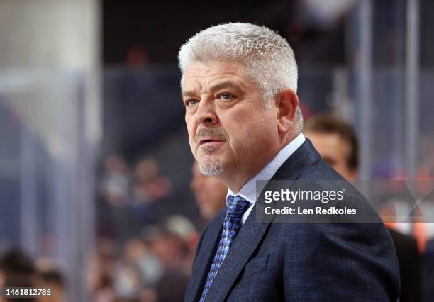 Head Coach of the Los Angeles Kings Todd McLellan looks on from the bench during warm-ups prior to his game against the Philadelphia Flyers at the...