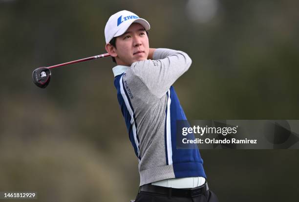 Seung-Yul Noh of South Korea plays his shot from the third tee during the first round of the AT&T Pebble Beach Pro-Am Pebble Beach Golf Links on...