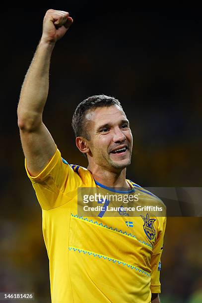 Andriy Shevchenko of Ukraine celebrates victory at the final whistle during the UEFA EURO 2012 group D match between Ukraine and Sweden at The...