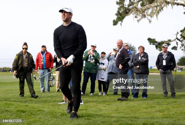 Aaron Rodgers plays a shot on the sixth hole during the first round of the AT&T Pebble Beach Pro-Am at Spyglass Hill Golf Course on February 02, 2023...