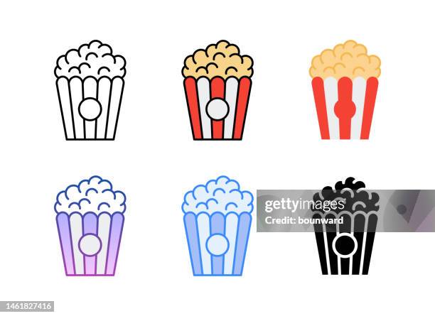 popcorn-symbol. 6 verschiedene stile. bearbeitbarer strich. - divergent film stock-grafiken, -clipart, -cartoons und -symbole