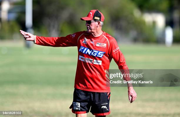 Coach Wayne Bennett gives directions during a Dolphins NRL training session at Kayo Stadium on February 03, 2023 in Brisbane, Australia.