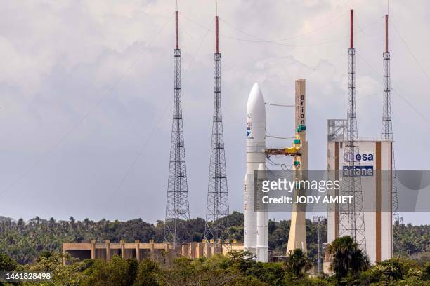 This photograph taken on July 3 shows the assembled Ariane 5 rocket arriving on the launch pad of Europe's Spaceport, the Guiana Space Center in...
