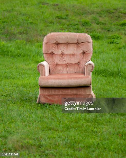 pink armchair in a grass field - upholstered chair stock-fotos und bilder