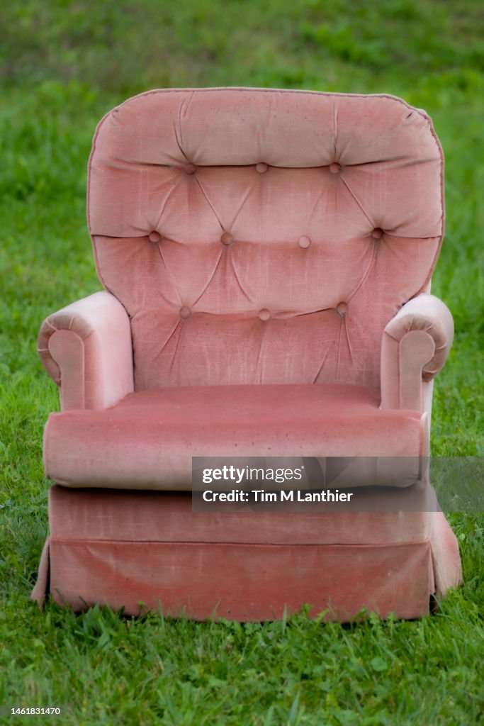 Pink armchair in a grass field