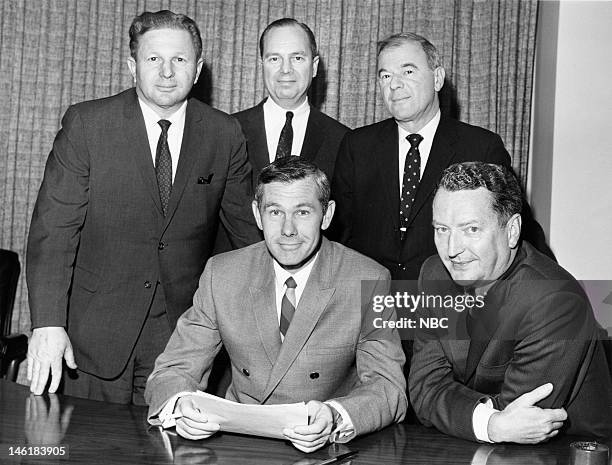 Pictured: NBC's senior vice president for programming and talent Mort Werner, host Johnny Carson, NBC Chairman Walter D. Scott, Tonight Show producer...