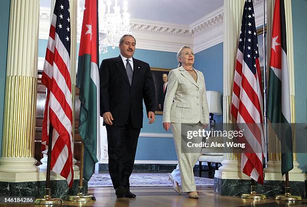 Secretary of State Hillary Clinton and Jordanian Foreign Minister Nasser Judeh speak to the media prior to their meeting at the State Department June...