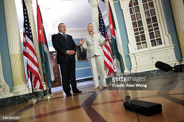 Secretary of State Hillary Clinton and Jordanian Foreign Minister Nasser Judeh speak to the media prior to their meeting at the State Department June...