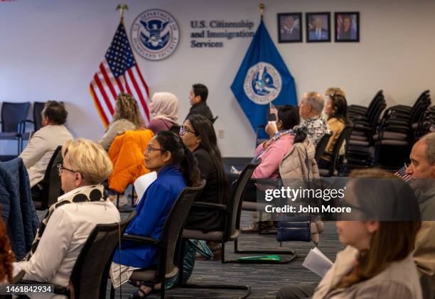 Immigrants take part in a naturalization ceremony on February 01, 2023 in Newark, New Jersey. Thirty-five people became American citizens at the...