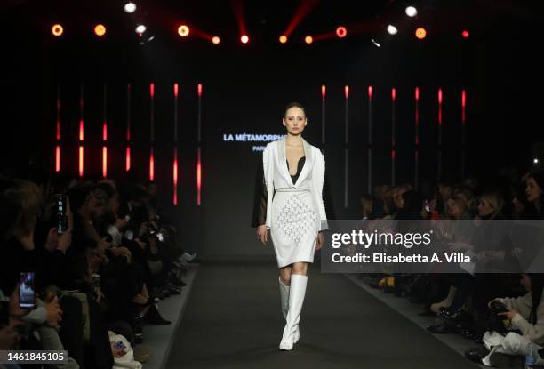 Model walks the La Métamorphose Paris runway at the International Couture "Romance Glamour" fashion show during Altaroma 2023 on February 02, 2023 in...