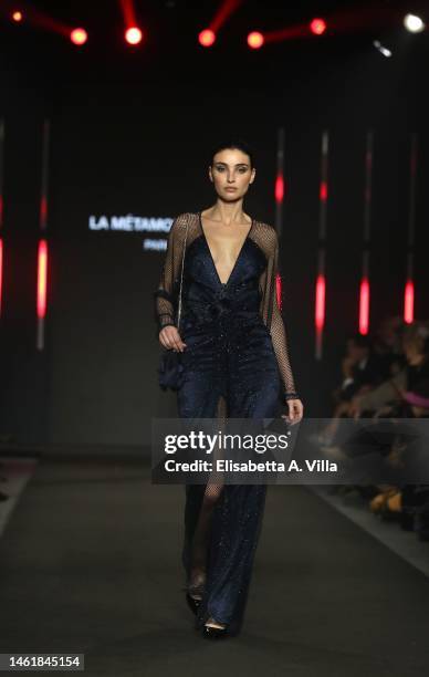 Model walks the La Métamorphose Paris runway at the International Couture "Romance Glamour" fashion show during Altaroma 2023 on February 02, 2023 in...