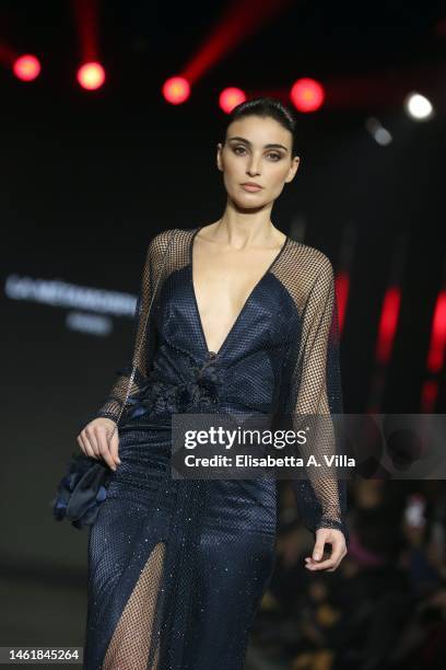 Model walks the La Métamorphose Paris runway at the International Couture "Romance Glamour" fashion show during Altaroma 2023 on February 02, 2023 in...