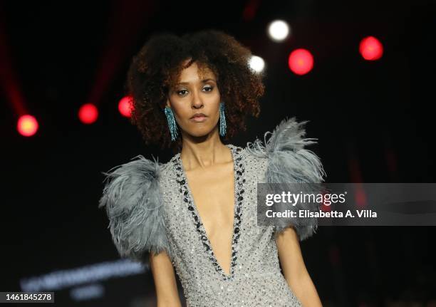 Model walks the La Métamorphose Paris runway at the International Couture "Romance Glamour" fashion show during Altaroma 2023 on February 02, 2023 in...