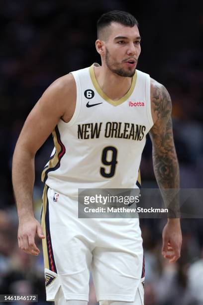 Willy Hernangomez of the New Orleans Pelicans plays against the Denver Nuggets in the third quarter at Ball Arena on January 31, 2023 in Denver,...