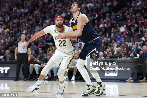 Larry Nance Jr. #22 of the New Orleans Pelicans lines up against Nikola Jokic of the Denver Nuggets in the fourth quarter at Ball Arena on January...