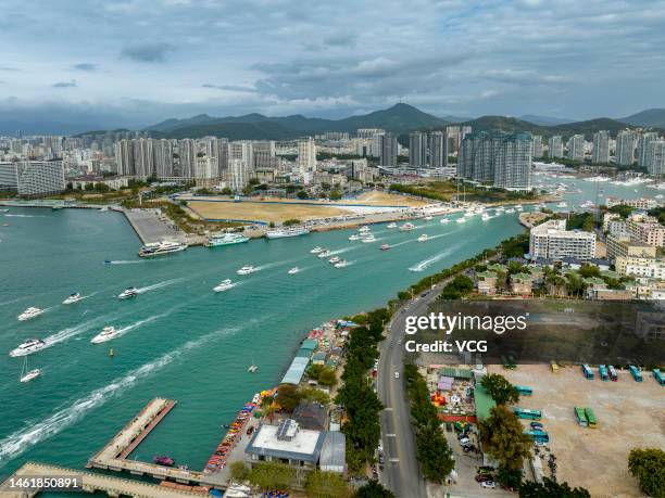 Aerial view of tourists enjoying the luxury yacht tour on February 2, 2023 in Sanya, Hainan Province of China.