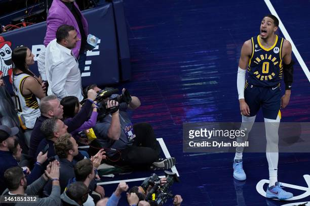 Tyrese Haliburton of the Indiana Pacers reacts after making a shot in the first quarter against the Los Angeles Lakers at Gainbridge Fieldhouse on...