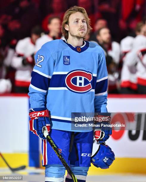 Rem Pitlick of the Montreal Canadiens stands during the anthem prior to the game against the Ottawa Senators at Centre Bell on January 31, 2023 in...