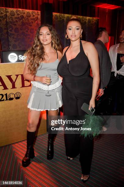 Jade Thirwall and Mahalia attend RAYE's album launch party with Spotify at The Dragon Room on February 02, 2023 in London, England.