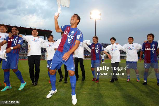 Ventforet Kofu players celebrate the team's 2-2 draw confirming the promotion to the J1 after the J.League J2 match between Ventforet Kofu and Shonan...