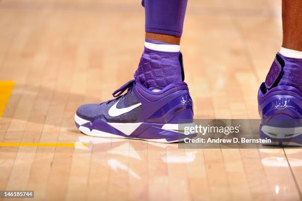 General view of the shoes worn Kobe Bryant of the Los Angeles Lakers during the game against the Denver Nuggets in Game Two of the Western Conference...