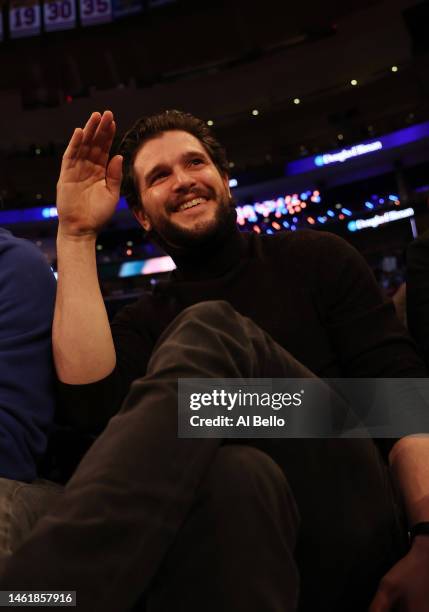 Actor Kit Harington looks on during the game between the New York Knicks and the Miami Heat at Madison Square Garden on February 02, 2023 in New York...