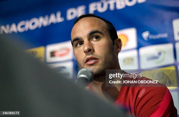 US footballer Landon Donovan speaks during a press conference at