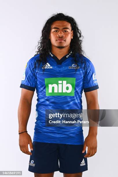 Taufa Funaki poses during the Blues Super Rugby 2023 team headshots session at Blues HQ on January 25, 2023 in Auckland, New Zealand.