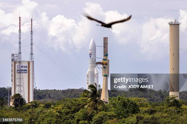 This photograph taken on July 3 shows the assembled Ariane 5 rocket arriving on the launch pad of Europe's Spaceport, the Guiana Space Center in...