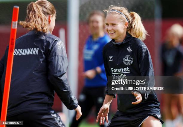 Denmark's Josefine Hasbo attends a training session of Denmark's women national team in Helsingoer, Denmark on July 3 before leaving for the FIFA...