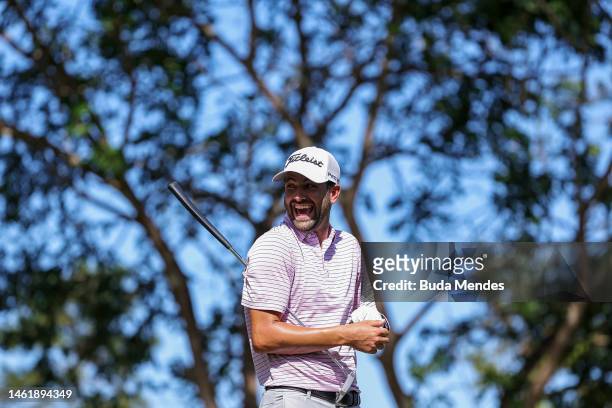 Cody Blick of the United States smiles on the 17th hole during the first round of The Panama Championship at Club de Golf de Panama on February 02,...