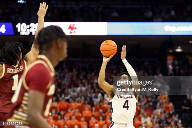 Armaan Franklin of the Virginia Cavaliers shoots in the second half during a game against the Boston College Eagles at John Paul Jones Arena on...