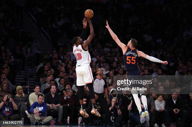 Bam Adebayo of the Miami Heat shoots against Isaiah Hartenstein of the New York Knicks at Madison Square Garden on February 02, 2023 in New York...