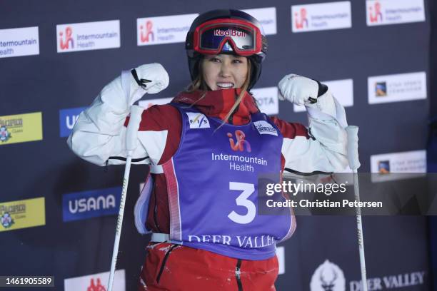 Anri Kawamura of Team Japan reacts after competing during the Women's Moguls Finals on day one of the Intermountain Healthcare Freestyle...