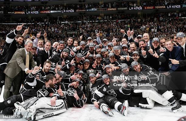 The Los Angeles Kings celebrate with the Stanley Cup after defeating the New Jersey Devils 6-1 in Game Six of the 2012 Stanley Cup Final at the...