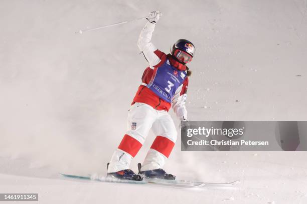 Anri Kawamura of Team Japan reacts after competing during the Women's Moguls Finals on day one of the Intermountain Healthcare Freestyle...