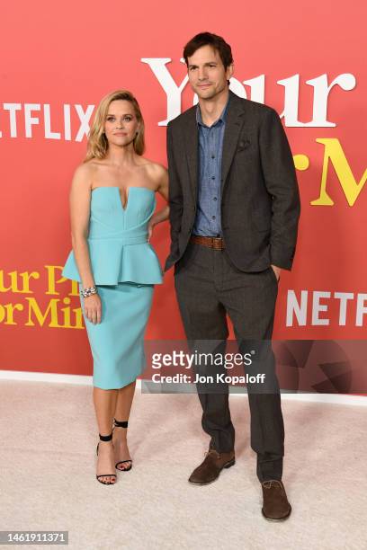 Reese Witherspoon and Ashton Kutcher attend the world premiere of Netflix's "Your Place Or Mine" at Regency Village Theatre on February 02, 2023 in...