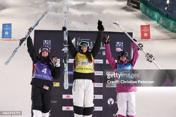 Jaelin Kauf of Team United States in second place, Jakara Anthony of Team Australia in first place, and Perrine Laffont of Team France in third place...